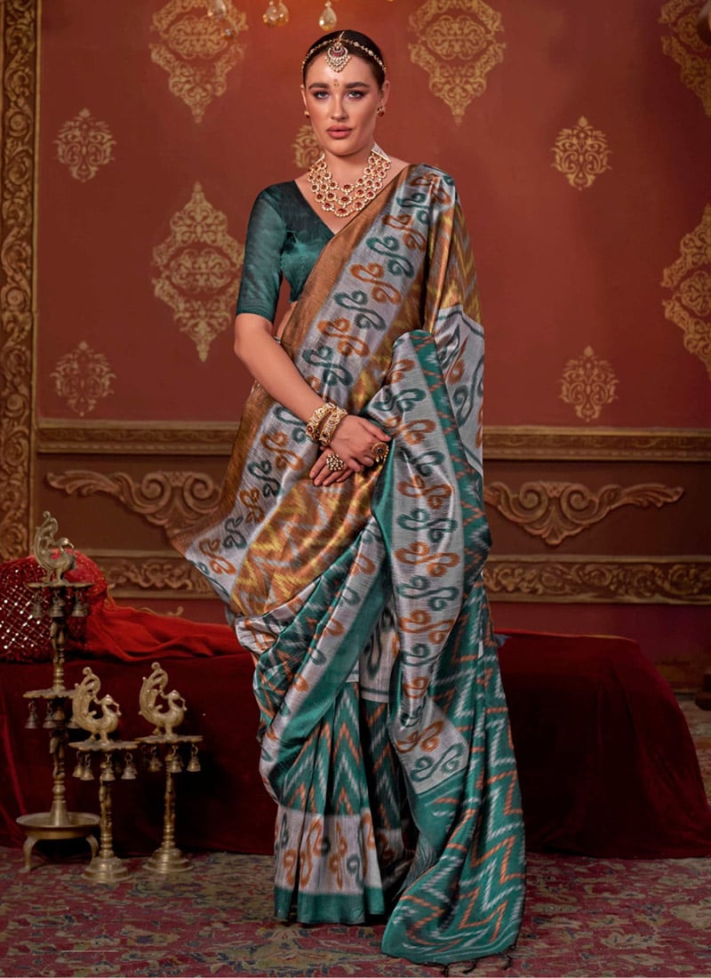 Radiant Multicolored Silk Ikkat Print Saree Festive Wear