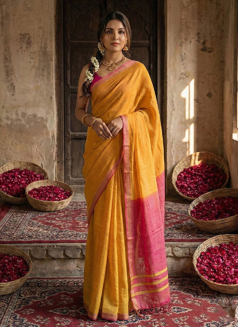 Radiant Mustard Blended Cotton Woven Saree Festive Wear