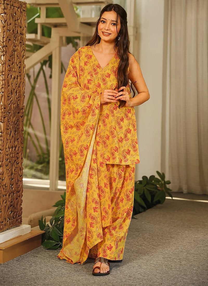 Radiant Mustard Cambric Cotton Digital Print Farshi Salwar Suit After Six Wear