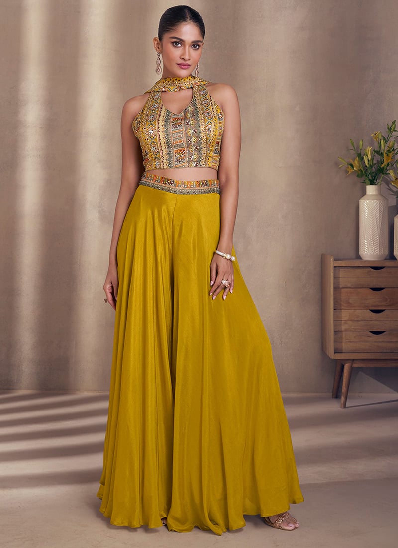 Radiant Mustard Chinon Silk Indowestern Set With Stone Sequins Embroidery