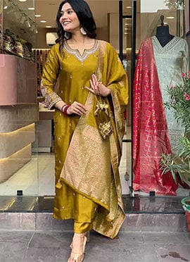 Radiant Mustard Cotton Embroidered Straight Pant Suit
