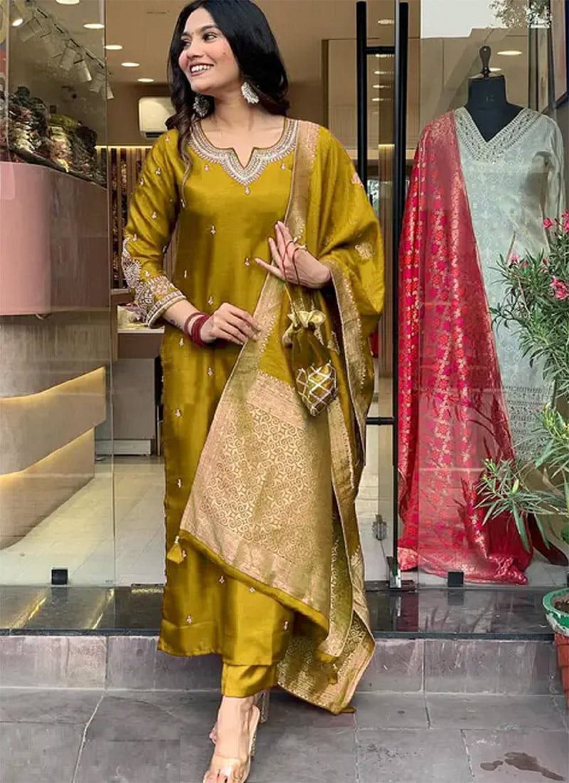 Radiant Mustard Cotton Embroidered Straight Pant Suit Festive Wear