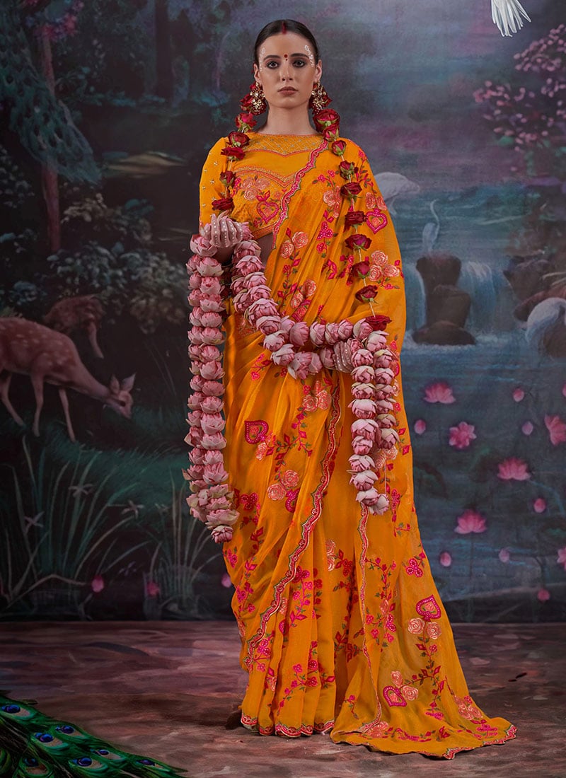 Radiant Mustard Gold Shimmer Silk Zari Embroidered Thread Saree Festive Wear