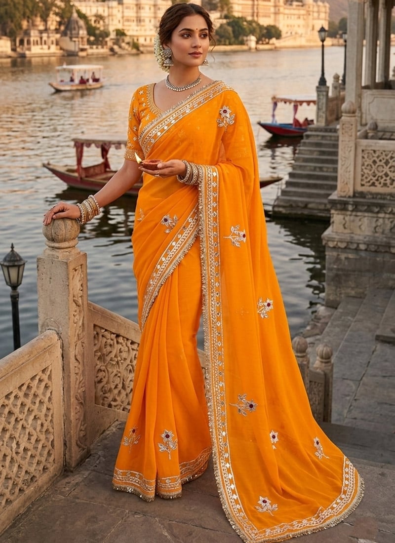Radiant Mustard Royal Georgette Embroidered Gota Saree Festive Wear