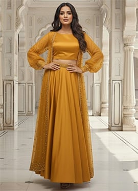 Radiant Mustard Silk Stone Detailed Indowestern Ensemble