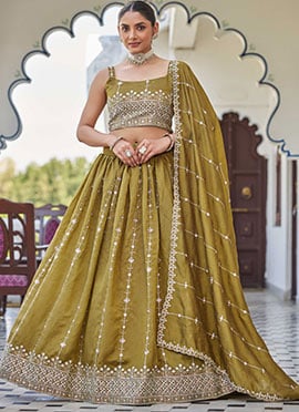 Radiant Green Silk Thread Sequence Work Umbrella Lehenga