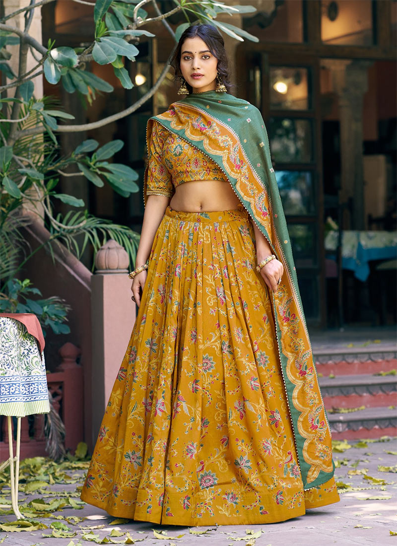 Radiant Mustard Tussar Silk Gilded Motif Foil Printed Umbrella Lehenga Festive Wear