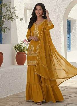 Radiant Mustard Vichitra Silk Zari Sequins Embroidered Sharara Suit