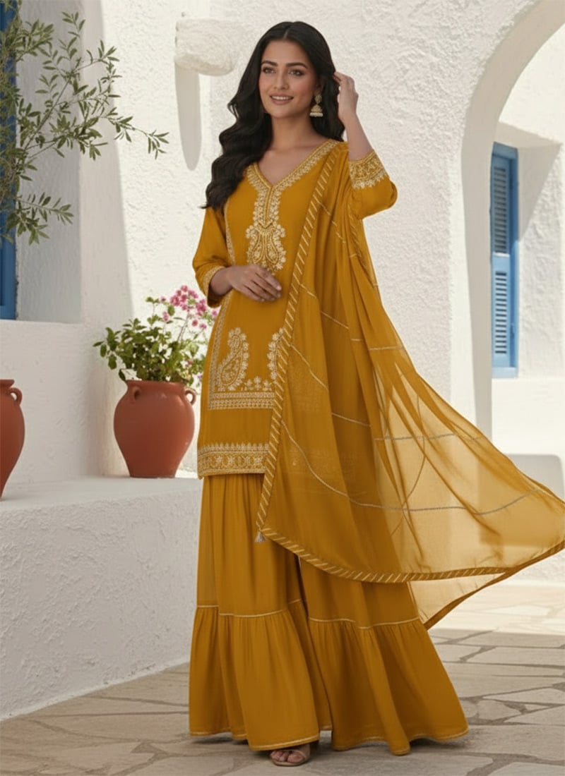 Radiant Mustard Vichitra Silk Zari Sequins Embroidered Sharara Suit Festive Wear