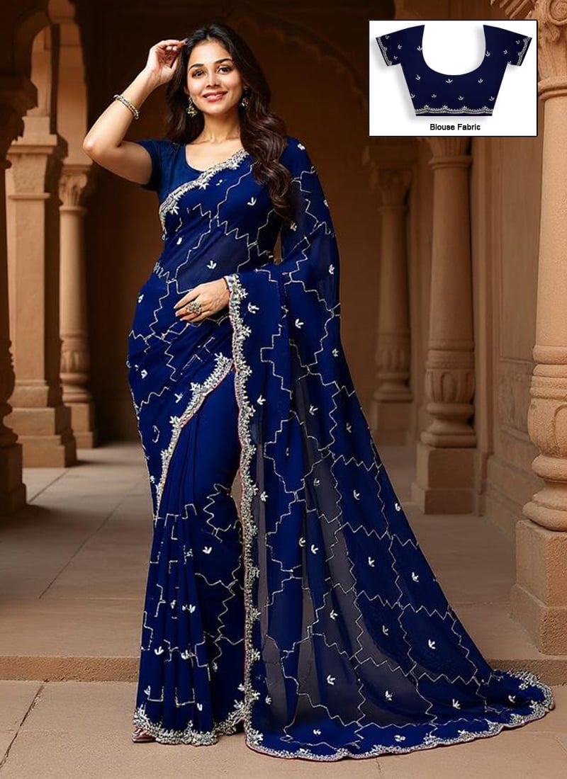 Radiant Navy Blue Faux Georgette Hand Work Saree Wedding Wear