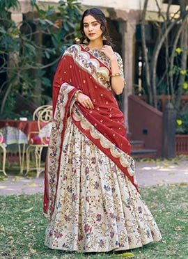 Radiant Off White Tussar Silk Foil Print Umbrella Lehenga