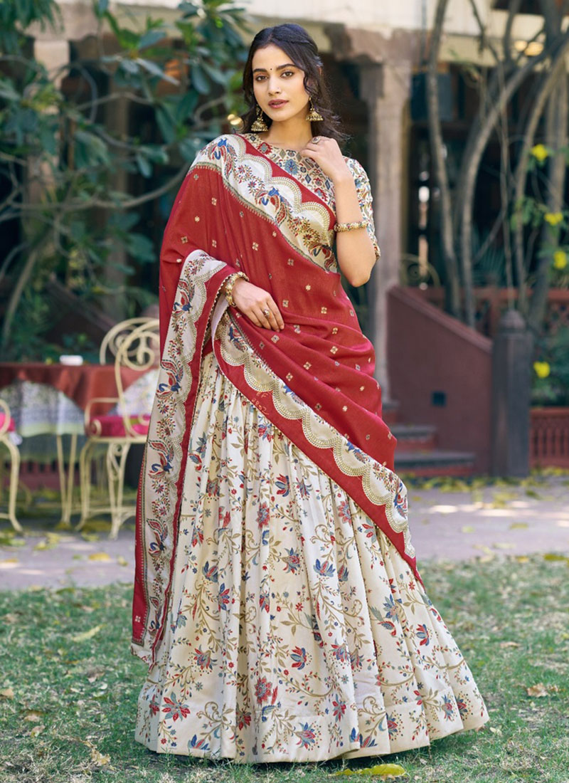 Radiant Off White Tussar Silk Foil Print Umbrella Lehenga Festive Wear
