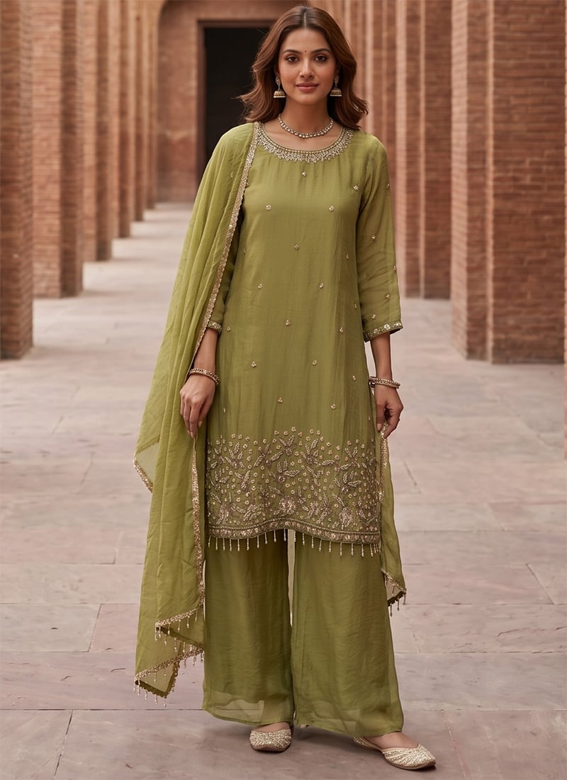 Radiant Olive Green Rangoli Crush Fabric Embroidered Zari Palazzo Suit After Six Wear