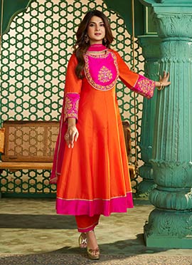 Radiant Orange Chanderi Cotton Embroidered Straight Pant Suit