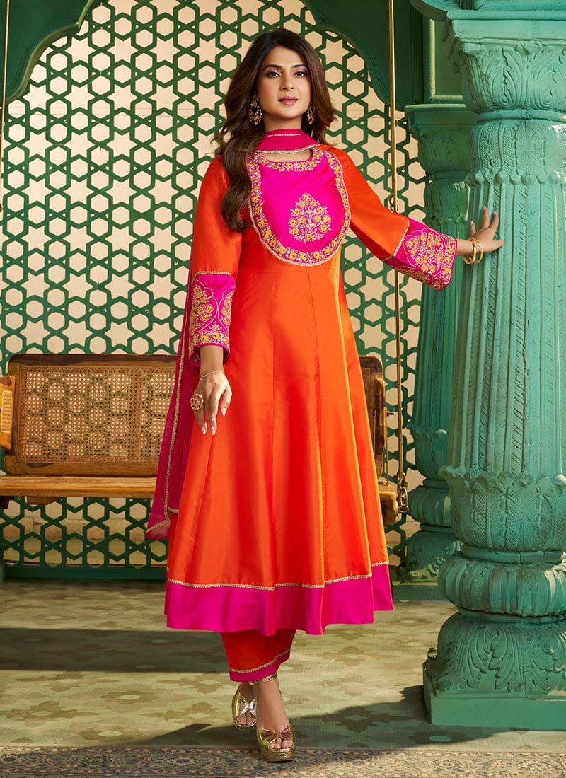 Radiant Orange Chanderi Cotton Embroidered Straight Pant Suit After Six Wear