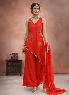 Radiant Orange Faux Georgette Beads Hand Embroidered Palazzo Suit
