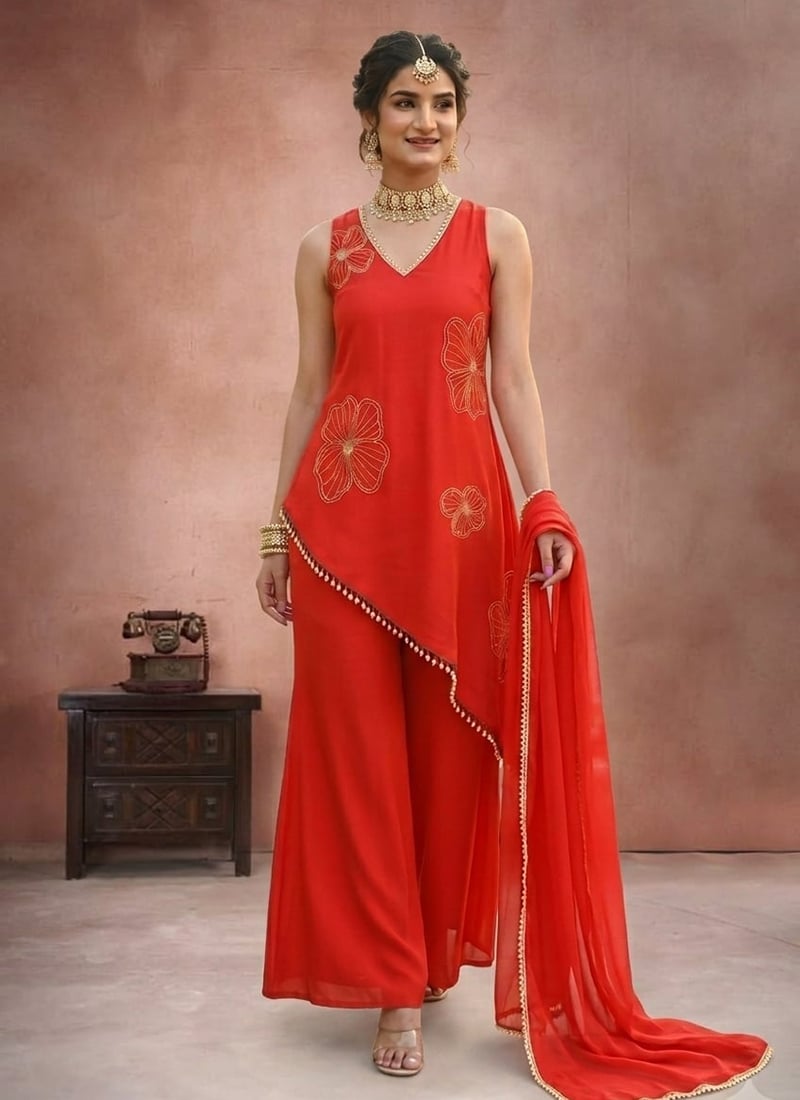 Radiant Orange Faux Georgette Beads Hand Embroidered Palazzo Suit Festive Wear