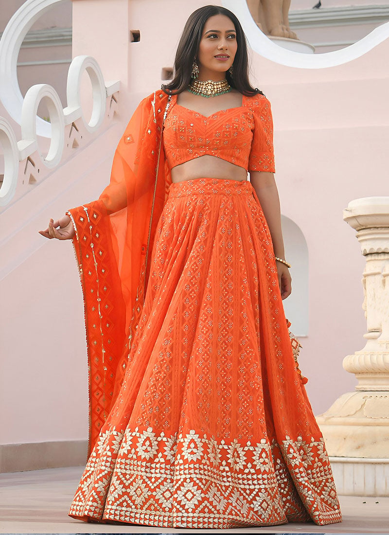 Radiant Orange Georgette Sequins Thread and Gota Patti Embroidered Umbrella Lehenga After Six Wear