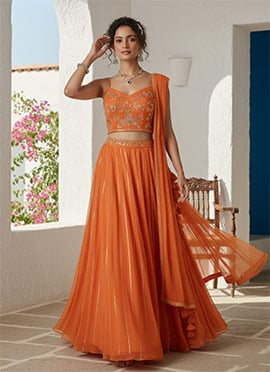 Radiant Orange Georgette Zari Hand Embroidered A Line Lehenga