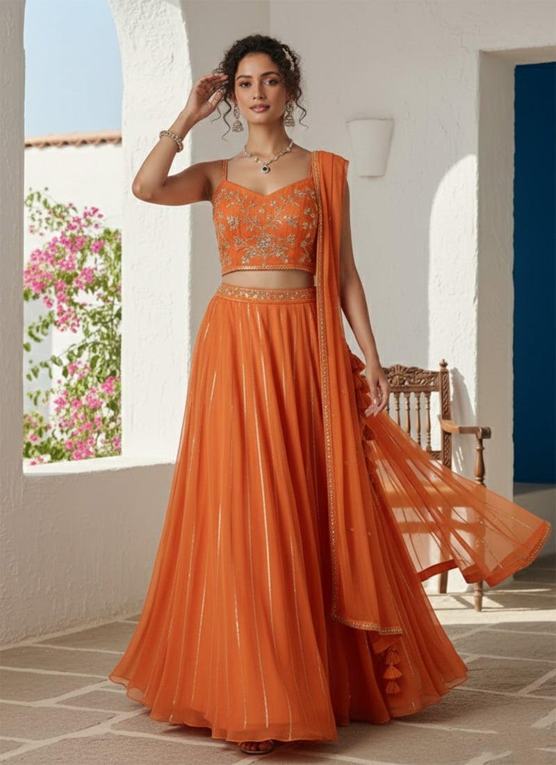 Radiant Orange Georgette Zari Hand Embroidered A Line Lehenga Wedding Wear