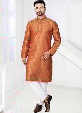 Radiant Orange Jacquard Silk Kurta Pyjama