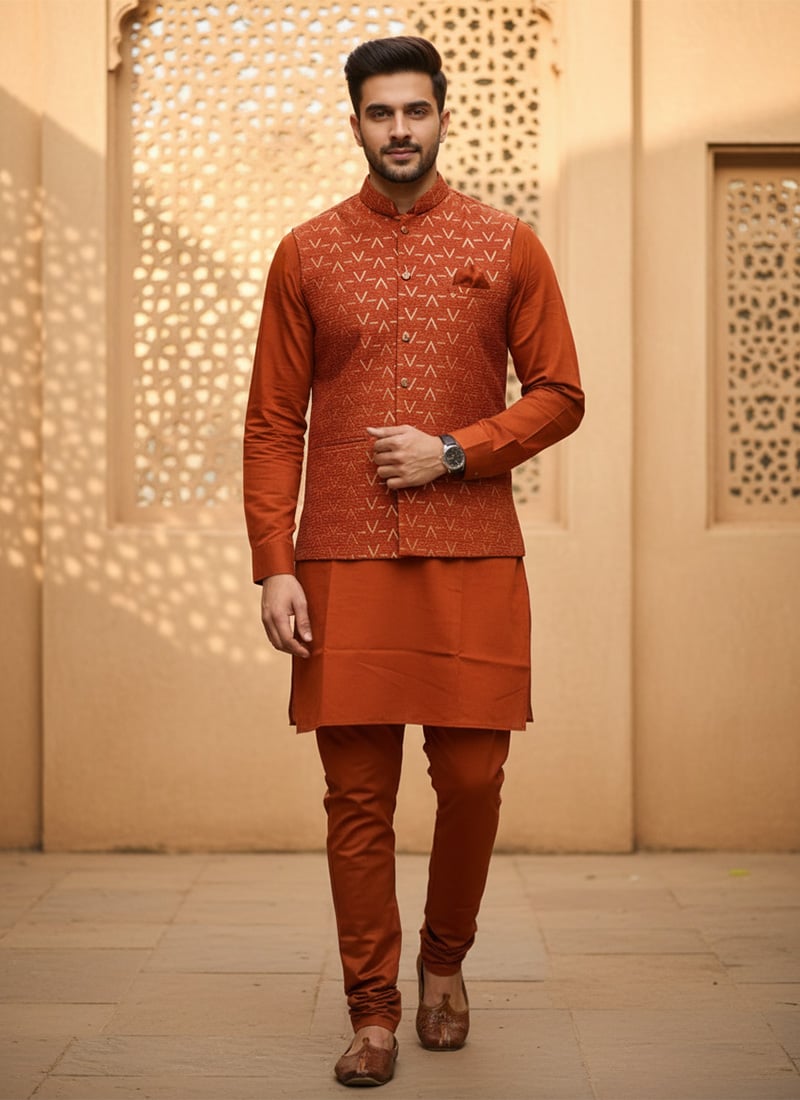 Radiant Orange Roman Silk Embroidered Bandi Set Festive Wear
