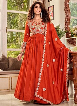 Radiant Orange Vichitra Silk Sequins Embroidered Anarkali Suit