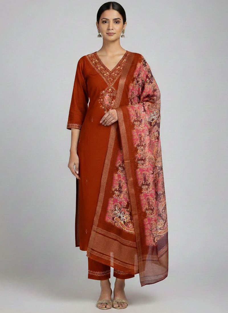 Radiant Orange Viscose Silk Embroidered Straight Pant Suit Festive Wear