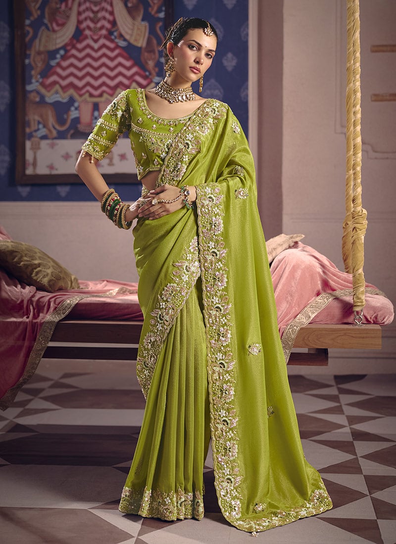 Radiant P Green Viscose Tissue Beads Embroidered Sequins Saree Wedding Wear
