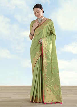 Radiant Parrot Green Banarasi Tissue Silk Woven Saree