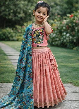 Radiant Peach Chinon Embroidery Sequence Work Kids Girls Umbrella Lehenga