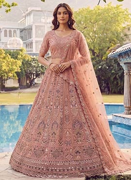 Radiant Peach Net Fancy Zari Dori Sequence Thread Embroidery Work Umbrella Lehenga