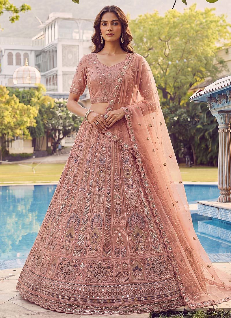 Radiant Peach Net Fancy Zari Dori Sequence Thread Embroidery Work Umbrella Lehenga Wedding Wear