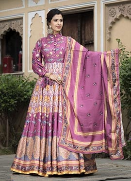 Radiant Pink Dola Silk Digital Print Hand Embroidered Yoke Anarkali Suit