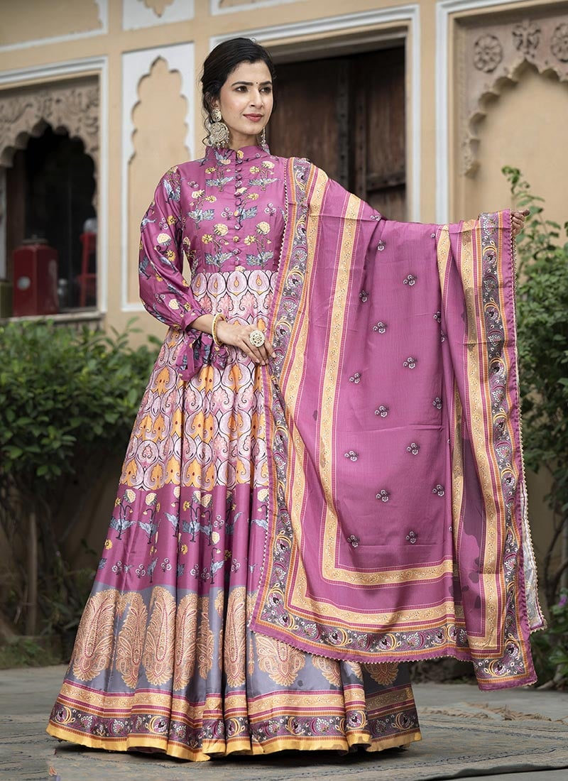 Radiant Pink Dola Silk Digital Print Hand Embroidered Yoke Anarkali Suit Festive Wear