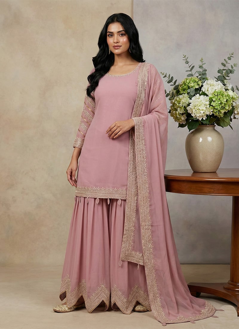 Radiant Pink Faux Georgette Embroidered Palazzo Suit Festive Wear