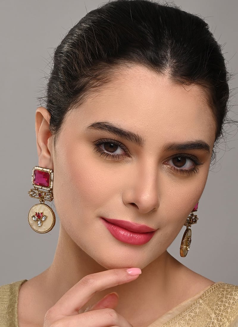 Radiant Pink Meenakari Kundan Pearl Drops Festive Wear