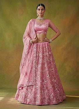 Radiant Pink Net Embroidered Sequins Thread Umbrella Lehenga