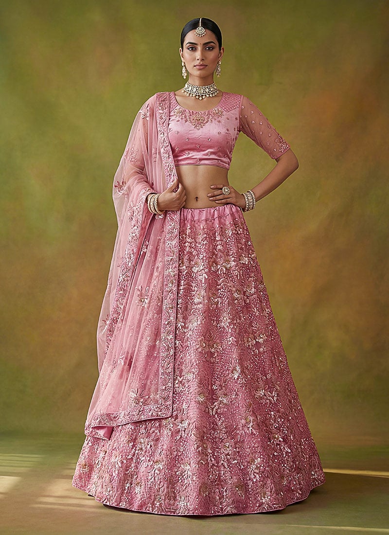 Radiant Pink Net Embroidered Sequins Thread Umbrella Lehenga Wedding Wear