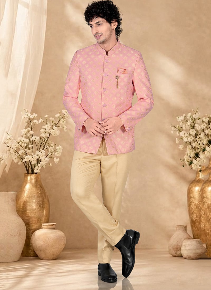 Radiant Pink Silk Embroidered Bandhgala Suit Wedding Wear
