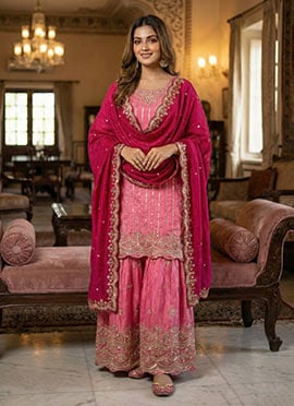 Radiant Pink Silk Embroidered Sequins Sharara Suit