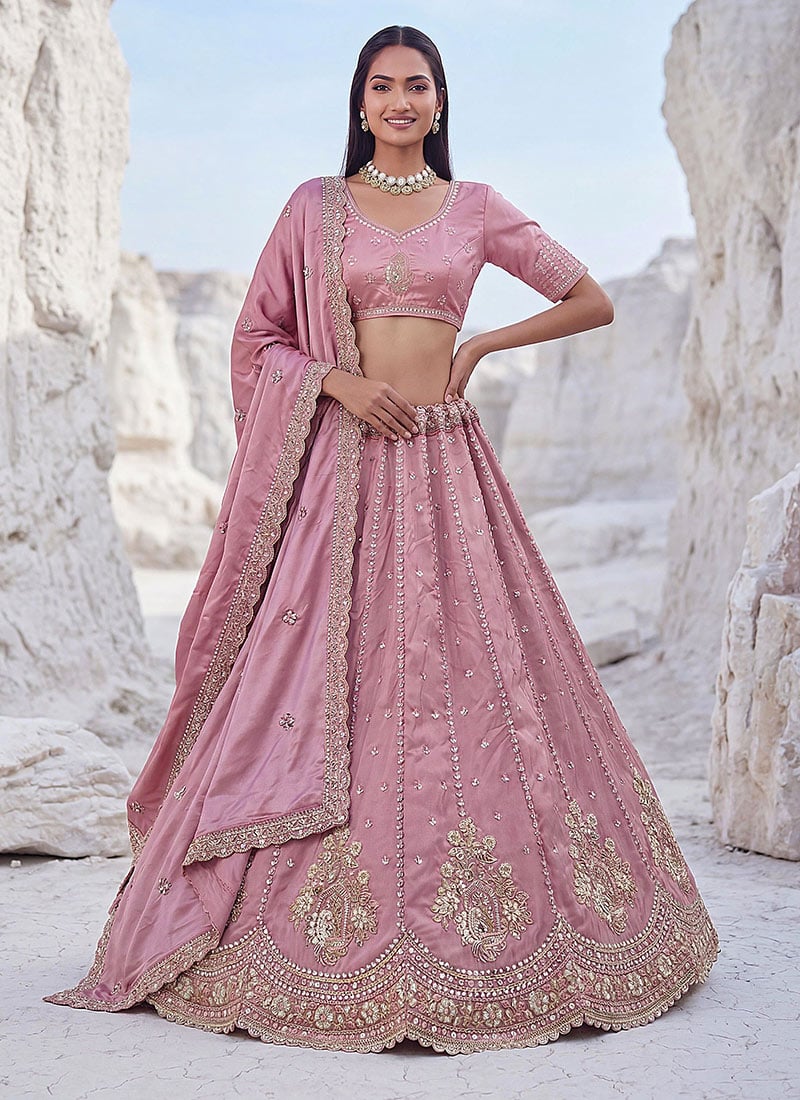 Radiant Pink Silk Embroidered Work Umbrella Lehenga Wedding Wear