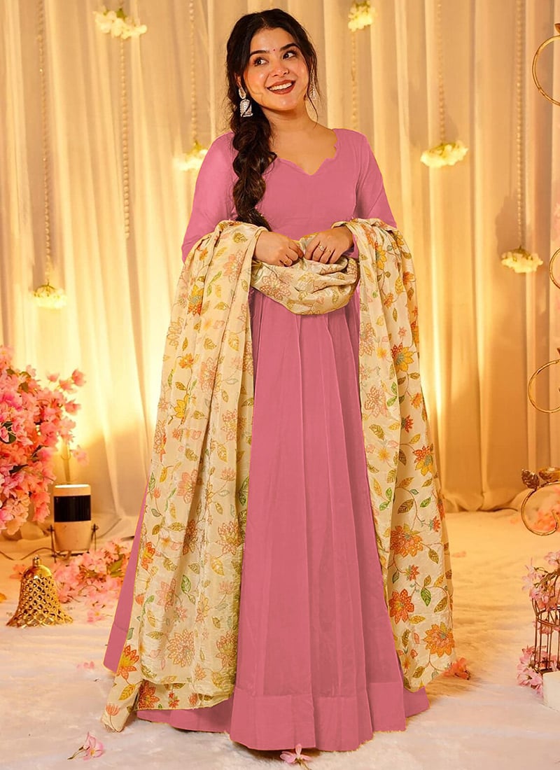 Radiant Pink Silk Floral Digital Print Lace Anarkali Suit After Six Wear