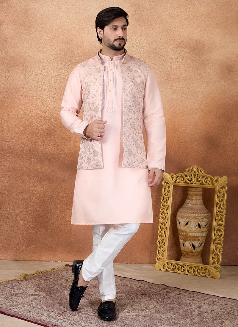Radiant Pink Silk Jacquard Bandi Set Festive Wear