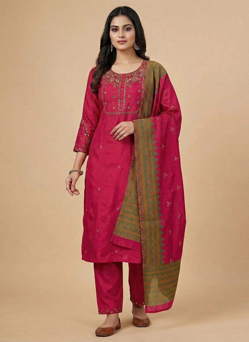 Radiant Pink Viscose Silk Embroidered Sequins Straight Pant Suit Festive Wear