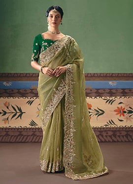 Radiant Pista Green Art Silk Embroidered Sequins Stones Beads Saree
