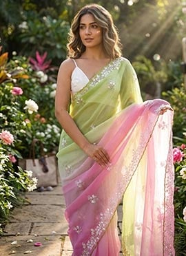 Radiant Pista Green Crush Chiffon Sequins Moti Cutdana Work Saree
