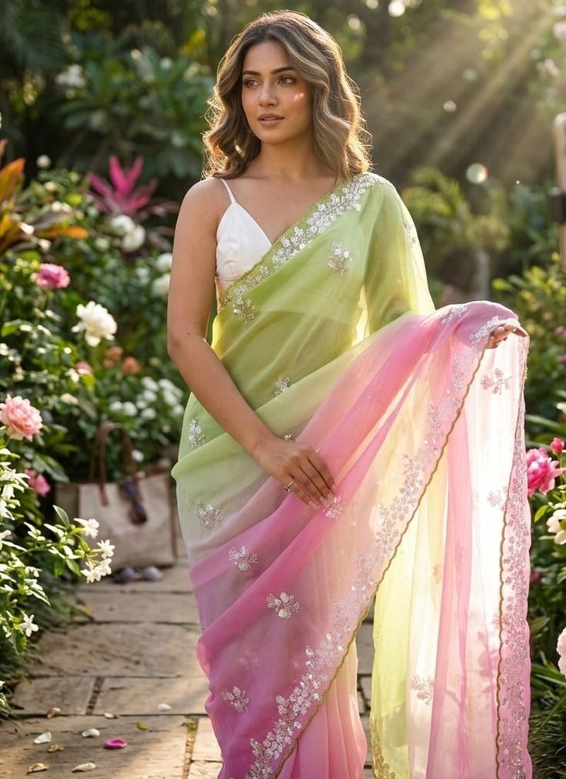 Radiant Pista Green Crush Chiffon Sequins Moti Cutdana Work Saree After Six Wear