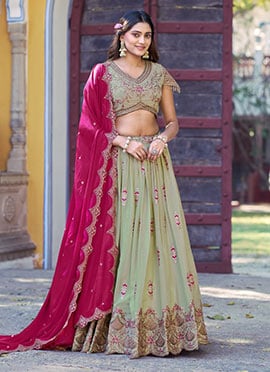 Radiant Pista Green Georgette Zari Sequins Embroidered Resham Umbrella Lehenga