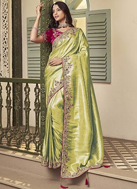 Radiant Pista Green Jacquard Silk Sequins Stones Hand Embroidered Thread Saree
